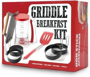 Griddle Breakfast Kit Accessories Pancake Batter Dispenser for Griddle Cast Iron Grill Press 4 Egg Rings Pancake Molds Spatula