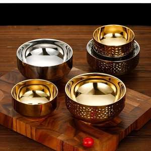 ชามข้าวสแตนเลส 304 สไตล์เกาหลี ชามซุปราเมนลายเพชรสองชั้น ชามเสิร์ฟขัดเงาสีทอง - Product Image 3