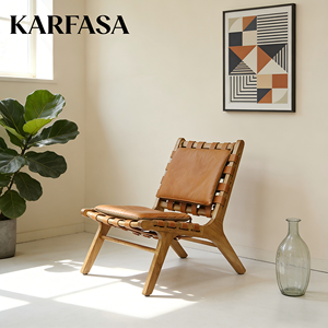 <span class=keywords><strong>Poltrona</strong></span> in Legno di Quercia Massello con Cuscino in Vera Pelle e Imbottitura in Schiuma - Comoda <span class=keywords><strong>Poltrona</strong></span> Minimalista Nordica per Soggiorno e Hotel - Product Image 4