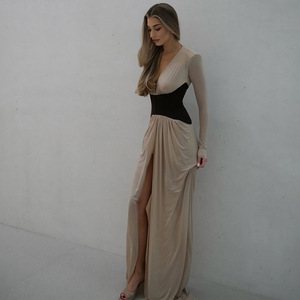 Vestido Elegante Casual para Fiesta, Estilo Europeo Americano, con Bloques de Color, Cuello en V, Abertura Alta y Espalda Descubierta, para Mujer - Product Image 3