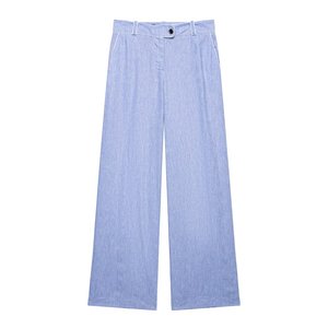 Pantalon large taille haute pour femme en coton Oxford bleu uni, coupe décontractée, longueur intégrale, fermeture boutonnée, devant plat, idéal pour l'été - Product Image 1