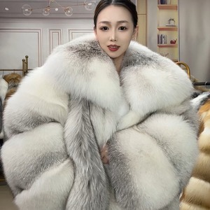 Manteau en vraie fourrure de renard croisé, chaud et moelleux, pour femme, épais, blanc, col châle large, mi-long, veste en fourrure véritable pour l'hiver - Product Image 1