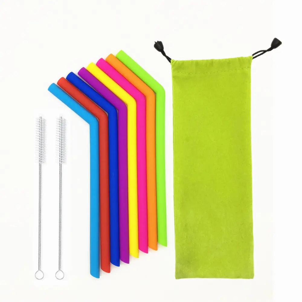 BHD Custom Collapsible Portable Eco Friendly Folding Telescopic Straight Bent Kids Drinking Straws Set Reusable Silicone Straws