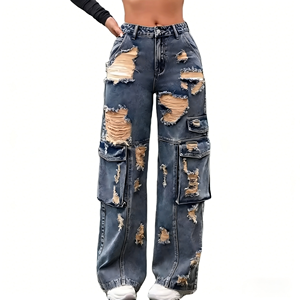 High Street Women Baggy <strong>Trousers</strong> High Rise Multi Pockets Faded Washed Denim Wide Leg Cargo Denim Jeans Womens Denim Jeans - Product Image 6