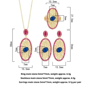 Fashion Eco-friendly Copper Oval Cut 5*7mm Blue Zircon Designer Vintage Style Gold Plated Earrings and Necklace Set for Women - Product Image 2