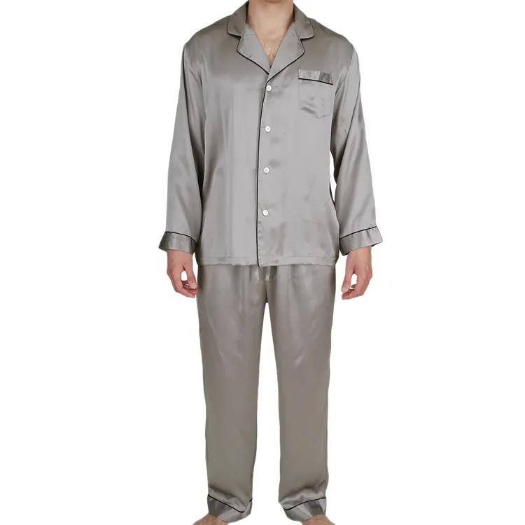 Conjuntos de pijama de cetim de seda para homens, pijama de manga longa com botões e bolso, pijama de cetim personalizado, roupa de dormir