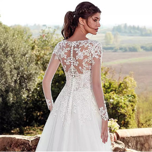 Lace Wedding Dress With French Applique Deep V-Neck Long <b>Sleeve</b> A-Line White Ivory <b>Bridal</b> Gown Natural Waistline Zipper Closure - Product Image 4