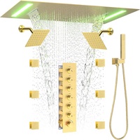 Système de douche thermostatique Homedec avec pommeau de douche 2-en-1 effet pluie/cascade et 6 jets latéraux, finition or brossé, laiton et acier inoxydable