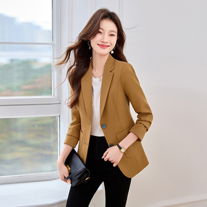 Women's Blazer Khaki Solid Color Polyester Anti-Wrinkle Suit Jacket For Spring Autumn Casual Wear - Product Image 1
