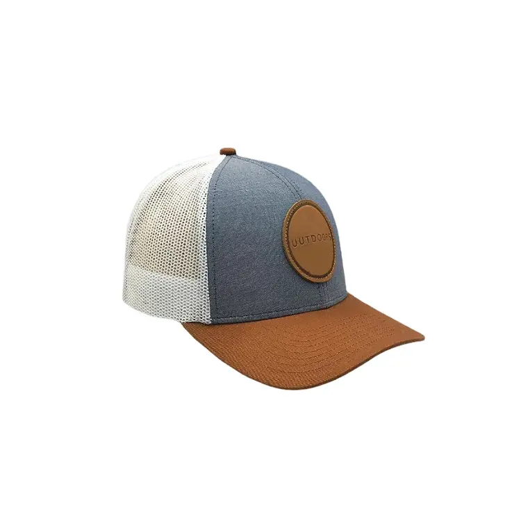 Sombrero de camionero americano personalizado con etiqueta de cuero bordado de tela sombrero de malla de Sol de patchwork de calle transpirable