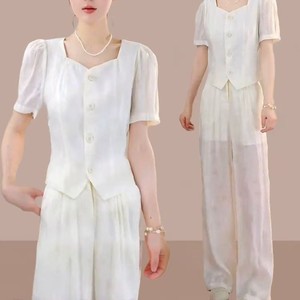 Women's Casual Two Piece Set Light Blue Chiffon Breathable Splicing Summer Suit - Product Image 2