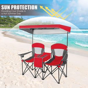 Chaise double de camping et de plage avec auvent et sac isotherme, 2 places, pliable, avec porte-gobelets pour pique-nique en extérieur - Product Image 5