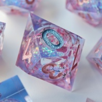 LuxeRoll Sakura Liquid Core Sharp Resin Dice Set 7Pcs Polyhedral DND Dice Handmade Cherry Blossom Dice for RPG Tabletop Game