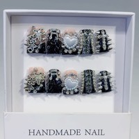 Lot de 10 faux ongles à presser faits main en forme de canard, noirs et argentés, style punk, avec étoiles, cœurs, croix, pointes et strass, en acrylique, couverture complète