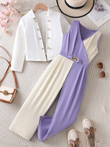 Ensemble décontracté pour filles d'automne, en polyester, avec un manteau blanc à manches longues et un pantalon assorti avec un <span class=keywords><strong>gilet</strong></span> coloré à blocs de couleurs pour adolescentes - Product Image 1