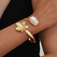 Bracelet et joncs floraux vintage élégants avec perles de forme irrégulière, manchettes ouvertes ajustables pour femmes