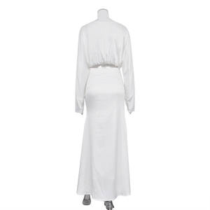 2025 automne usine en gros élégant femmes deux pièces ensemble <span class=keywords><strong>blanc</strong></span> <span class=keywords><strong>col</strong></span> <span class=keywords><strong>bateau</strong></span> à manches longues <span class=keywords><strong>haut</strong></span> court avec queue de sirène comme jupe - Product Image 4