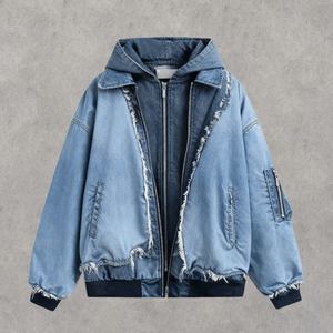 Chaqueta con Capucha de Mezclilla Desgastada para Hombre, Estilo Urbano 2025, Chaqueta de Moda Urbana Práctica con Capucha de Doble Capa y Cremallera - Product Image 1