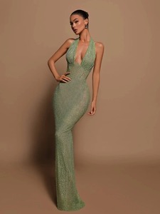 Popular European American Foreign Trade Romantic Natural Sexy Sequined Halter Lace-up 100% Polyester Bodycon Evening <b>Dress</b> - Product Image 3