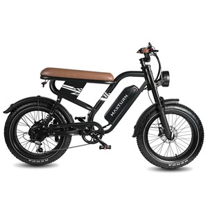 Vélo électrique tout-terrain noir à pneus larges, style rétro, pour trajets quotidiens, avec selle en cuir et phare avant, pour le marché européen. - Product Image 2