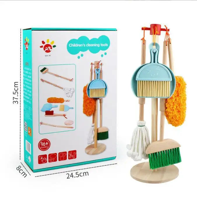 Hot Sale Solid Wooden Pretend Role Play Household Cleaning Tools Set Early Educational Sweeping And Mopping Toys For Kids