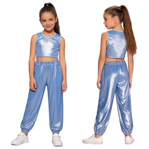 Kids Shiny Metallic Jazz <b>Dance</b> Streetwear Style Crop Top and Jogger <b>Pants</b> Relaxed Fit 2 Piece Set for Girls Custom Stage Shows - Product Image 2