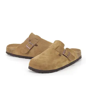 Sandales plates personnalisées en cuir de vachette véritable suédé souple sabots liège Birken pantoufles unisexes pour hommes