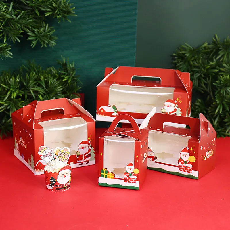 Christmas Cupcake Packaging Boxes Paper Cupcake Box With Transparent Window New Year Party Handmade Dessert Kids Favor Box