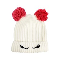 Casquette tricotée unisexe pour enfants, douce et mignonne, avec double pompon et broderie, 100% acrylique côtelé, chaude pour l'automne, idéale pour les séances photo d'anniversaire de bébé