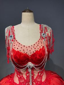 Body de plumas rojas, sexy, para mujer, espectáculo, disfraz de gogo, discoteca, cantante, ropa de fiesta, vestido - Product Image 5