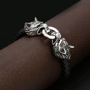 Pulsera vikinga con cabeza de lobo de cuero trenzado de acero inoxidable para hombre, joyería de metal pesado vintage de alta calidad, retro, sólida y duradera - Product Image 3