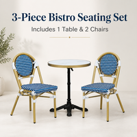 Ensemble de 2 chaises bistrot à carreaux bleus et blancs avec petite table en marbre à bord doré, ensemble de sièges modernes pour jardin, balcon, extérieur