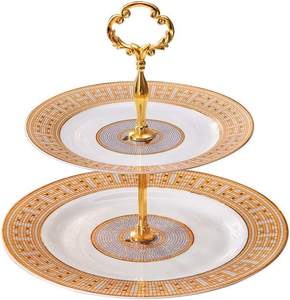 Seramik <span class=keywords><strong>2-Tier</strong></span> çevre dostu bulaşık makinesinde yıkanabilir kek <span class=keywords><strong>stand</strong></span>ı/antika altın kek plaka 3-Piece Set - Product Image 5