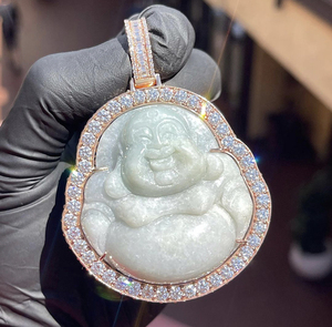 Pendentif personnalisé en argent 925, statue de Bouddha en jade naturel, plaqué or 18 carats, noir, blanc, vert, avec moissanite VVS, certificat GRA - Product Image 5