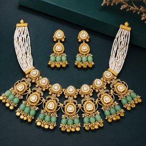 Traditional 925 <b>Silver</b> Necklace and Earrings Set with White Beads and Green Stones Bridal Wedding Party Jewelry for Women - Product Image 4