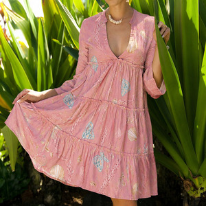 Vestido Hawaiano de Verano con Estampado Playero, Cuello en V Profundo, Manga Acampanada, Multicapa, Personalizado, de Algodón, Informal - Product Image 3
