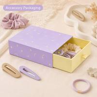 Boîte à tiroir rigide personnalisée avec logo violet et jaune, boîte d'emballage pour accessoires capillaires avec poignée en ruban pour pinces à cheveux, cadeau