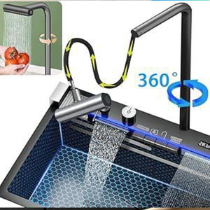 Fregadero <span class=keywords><strong>de</strong></span> Cocina <span class=keywords><strong>de</strong></span> Acero Inoxidable <span class=keywords><strong>de</strong></span> un Solo Tazón con Diseño <span class=keywords><strong>de</strong></span> Panal, Grifo con Pantalla LED Inteligente y Rociador Extraíble - Product Image 4