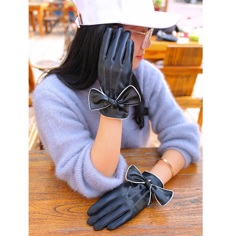 Custom Women Gloves Winter Fashion Touch Screen Female Furry PU Female Artificial Bow-knot Car Driving Leather Gloves