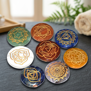 Handmade Gemstone <b>Chakra</b> Stones <b>Set</b> Carved With Sacred Geometry Patterns For Reiki Healing And Home Decoration Handmade gemstone - Product Image 4
