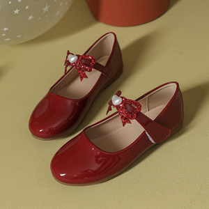 Factory Supply Kids Lacquered Pointed <b>Red</b> <b>Sequin</b> Bow Girl Dress Shoes - Product Image 1