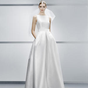 맞춤형 화이트 웨딩드레스 우아한 이브닝드레스 신부 가운 A라인 민소매 스윕 트레인 새틴 브라이덜 드레스 포켓 포함 - Product Image 1