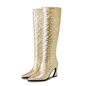 Chic femmes tissé Texture PU genou <span class=keywords><strong>bottes</strong></span> hautes bout pointu sculptural bloc talon grandes tailles dames chaussures d'hiver - Product Image 2