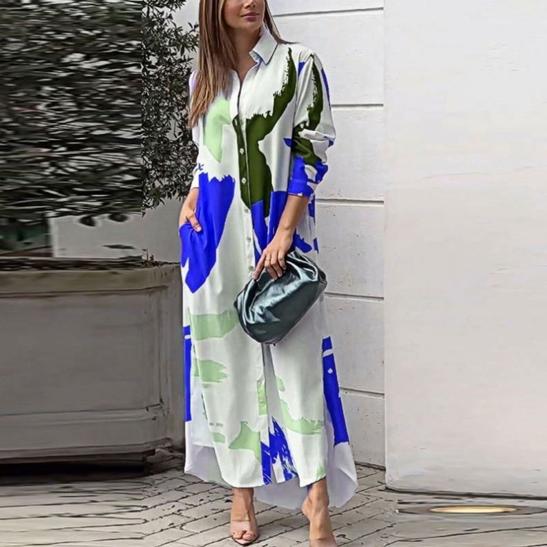 Shop Our 2258 Casual Geometric Print Loose Slit Shirt Dress Sets