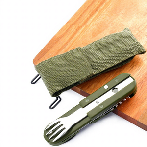 Vente en gros de vaisselle de camping multifonctionnelle 7 en 1, outils de survie, fourchette, cuillère, couteau pliables en acier inoxydable, pique-nique, camping - Product Image 1