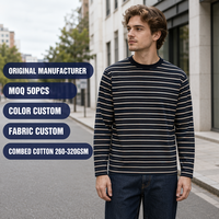 T-shirt décontracté surdimensionné pour homme en jersey de coton marine personnalisé 280 GSM, à rayures horizontales côtelées, col ras du cou, respirant, long