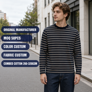 T-shirt décontracté surdimensionné pour <span class=keywords><strong>homme</strong></span> en jersey de coton marine personnalisé 280 GSM, à rayures horizontales côtelées, col ras du cou, respirant, long - Product Image 1