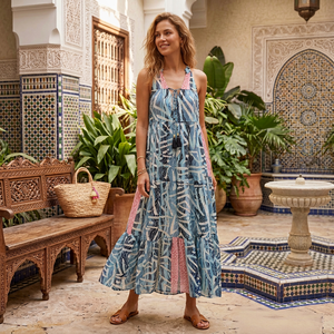 Vestido Maxi Boho con Cuello en V y Lazo, Estampado Geométrico, Corte A, Holgado, de Seda, Verano, Casual, Transpirable, Sin Mangas, Estilo Y2K para Mujer - Product Image 1
