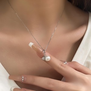 Collier avec pendentif en perles et nœud papillon en argent Sterling S925 pour femmes, accessoire de bijoux de fête à la mode coréenne - Product Image 1