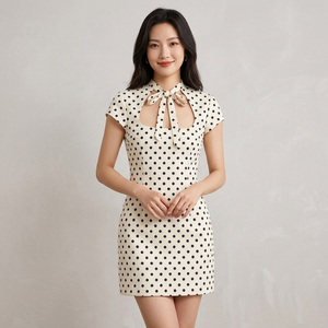 Vestido Mini Bodycon de Verano Casual con Cuello de Lazo y Estampado de Puntos para Mujer, Manga Corta, Tejido Ajustado, Venta al por Mayor OEM ODM - Product Image 1